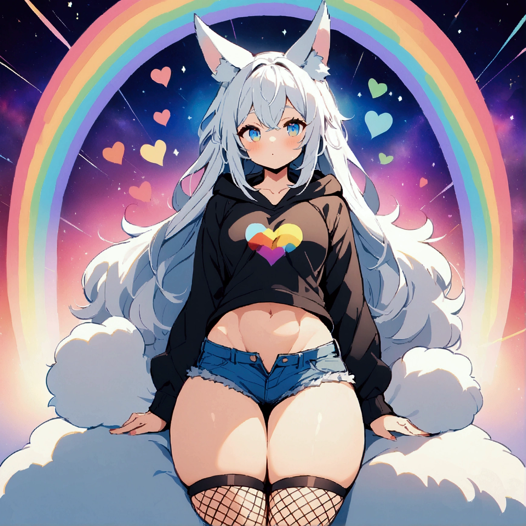 a cute adult male with wolf ears, long white hair, long locks, has a wolf tail, wearing a loose cropped black hoodie, wearing a pair of denim short shorts and fishnet stockings, thick thighs, wide hips, relaxing on mound of fluffy multi colored kawaii plushies, short, very slim, showing slender tummy, heart on hoodie, squishy thighs, has glowing blue eyes. alone, solo (ALONE)(SOLO), surrounded by rainbows, colorful galaxy backround,