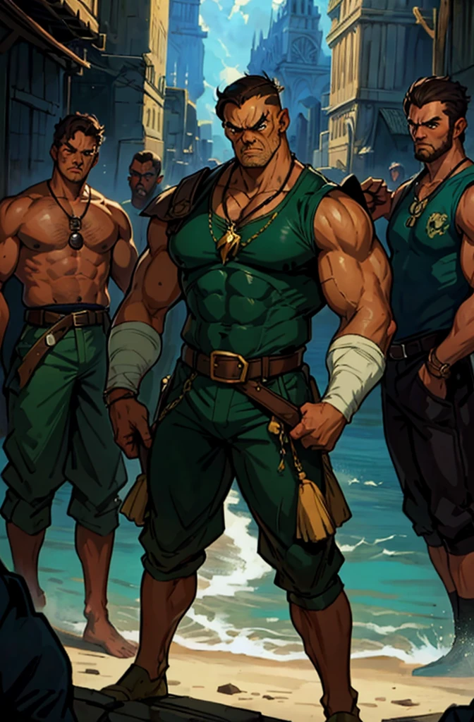 (masterpiece:1.2, best quality, extremely delicate), a man with short brown hair, a short ponytail, brown skin, a handsome face, deep eyes, a wild smile, stubble on his chin, wears a necklace with fangs, a muscular build, a fantasy-reality style blue open short vest, sleeveless, a cloth band on his arm, a yellow belt, green cargo pants, stands on an endless coastline, this character embodies a finely crafted fantasy-reality style rogue in anime style, exquisite and mature manga art style, dramatic, high definition, highres, ultra-detailed, ultra-fine painting, professional, perfect body proportions, golden ratio, anatomically correct, symmetrical face, extremely detailed eyes and face, high quality eyes, creativity, RAW photo, UHD, 32k, Natural light, cinematic lighting, masterpiece-anatomy-perfect,((angry)),