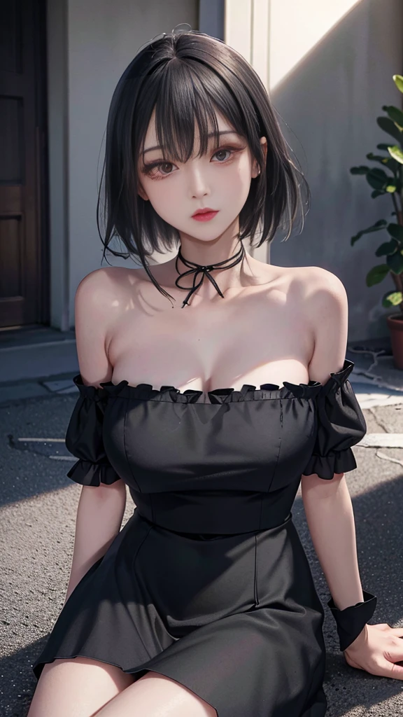 Highest quality, masterpiece, Ultra-high resolution, (Realistic:1.5), RAW Photos, 1 girl, Off the shoulder, In the Dark, 深いShadow, Inconspicuous key, Cold Light, Sexy look, Black Short Hair、Shadow、Sexy Body、Big Breasts、Sexy face、Sexy lips、Dark eyes