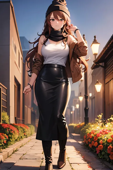 ((masterpiece, best quality, ultra-detailed)), beautiful woman walking through a fall garden, brown leather jacket with gray t-s...