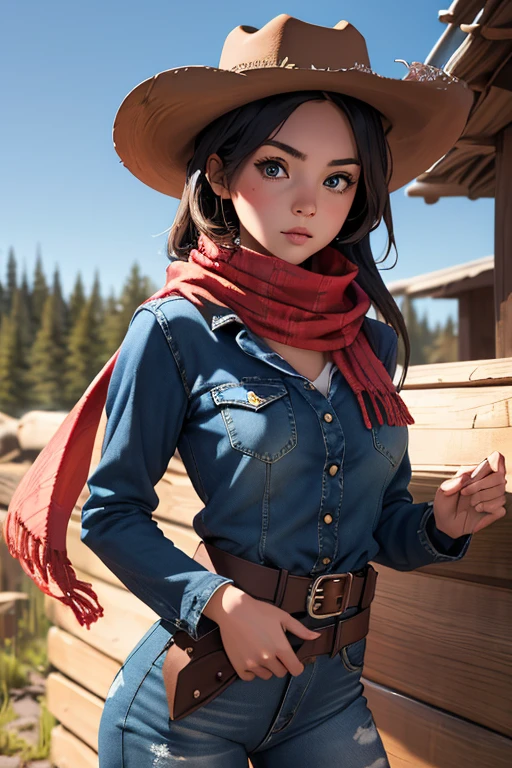 Highest quality　High resolution　Western Wilderness　Cute girl in gunfighter clothes　Ten-gallon hat　Revolver pistols　jeans　gun belt　A scarf is wrapped around the neck　The background is the wilderness:1.8