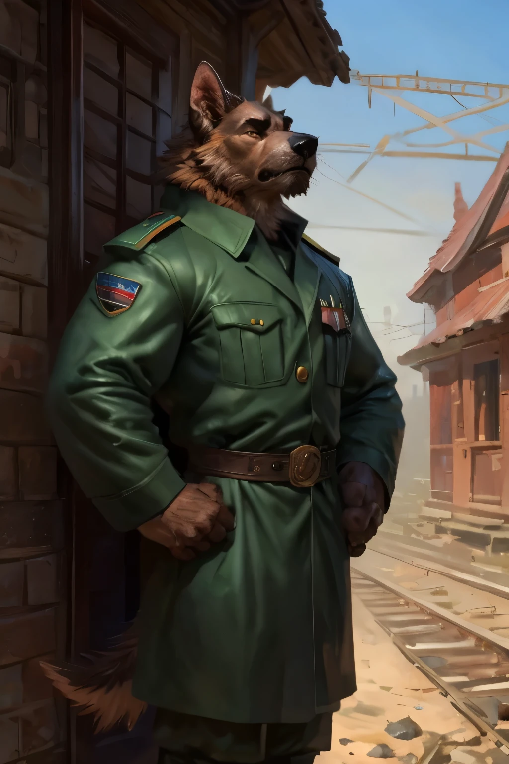 By Taran Fiddler, one man, anthro canine (irish wolfhound), brown fur, dilf, wrinkly face, sad and melancholic look, bushy eyebrows, scar on right eye, one-eyed eye, wearing trench world war two german uniform, hands to his hips, stern facial expression, grumpy, standing in front of a old train station leaning on the wall looking forward crestfallen, in midnight, no use of politic simbols