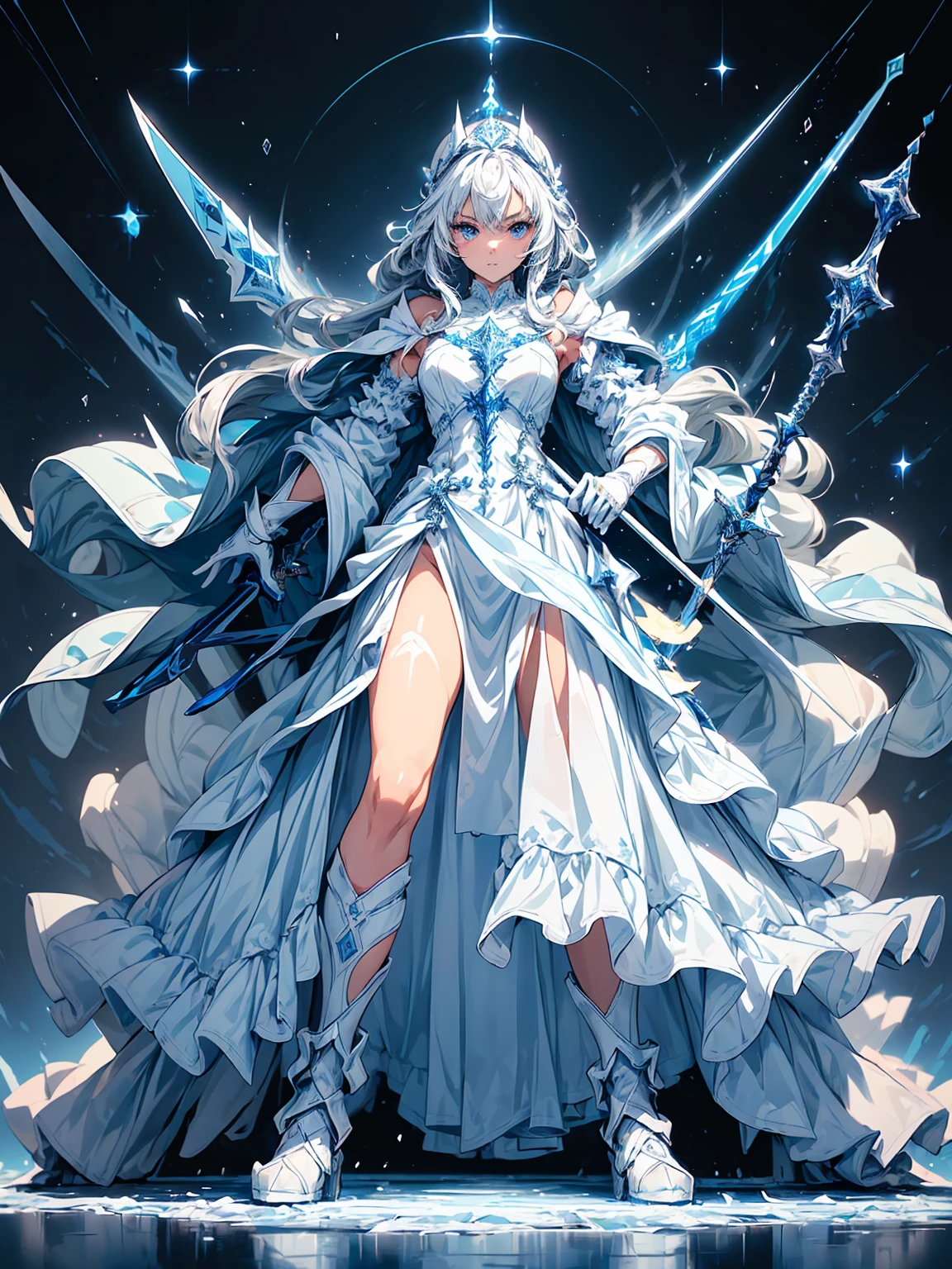 (((masterpiece, best quality, 8k))) Design a layout showcase Gaming character, (1girl),((perfect face, high detailed face)). Blue+White clothes, icy and pristine, ((showcase weapon:1.4)), ice staff, (masterpiece:1.2), (best quality), 4k, ultra-detailed, (Step by step design, layout art:1.5), (frosty lighting, chilling atmosphere), ice mage, ((fur gloves)), (((revealing gown:1.3))), ice vambraces, fur-trimmed boots, (((full_body_shot:1.4)))