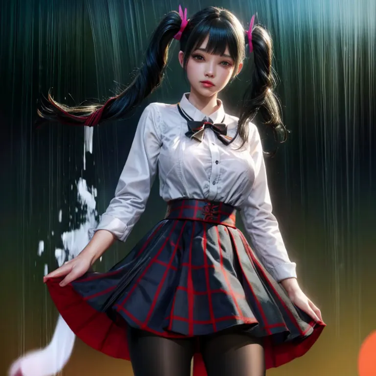 ling x,black hair,twintail,brown eyes,hair accessories, tights (crazy details, masterpiece, best quality),alone, steam , rain , ...