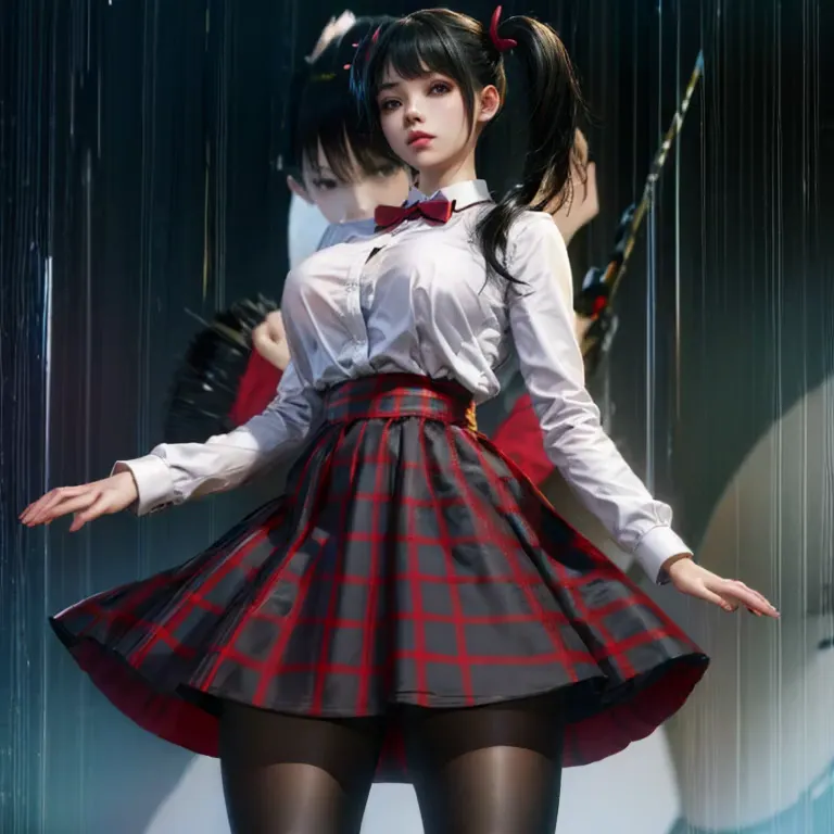 ling x,black hair,twintail,brown eyes,hair accessories, tights (crazy details, masterpiece, best quality),alone, steam , rain , ...