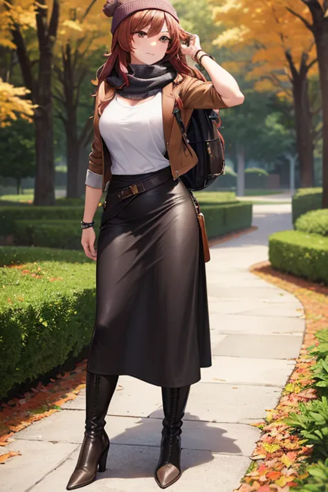 ((masterpiece, best quality, ultra-detailed)), beautiful woman walking through a fall garden, brown leather jacket with gray t-s...