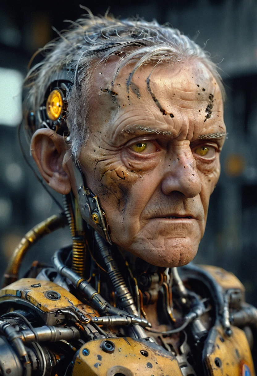 discarded android-cyborg old man, sad empty stare, filthy hair, perfect cracked face, perfect sad eyes, skin peeling off, damaged, broken android body, leaking oil, rusty yellow carapace parts with dirty cracks, mechanical cyborg joints, highly detailed, strong contrast, intricate details, volumetric light, 16k HDRI, lot of details, high quality, dramatic atmosphere, atmospheric perspective, subsurface scattering, transparency, analog style, film photography, sharp focus, soft focus, cinematic sophisticated lighting, heavy shadow, movie still, captured in the style of Sony Alpha A7 III camera