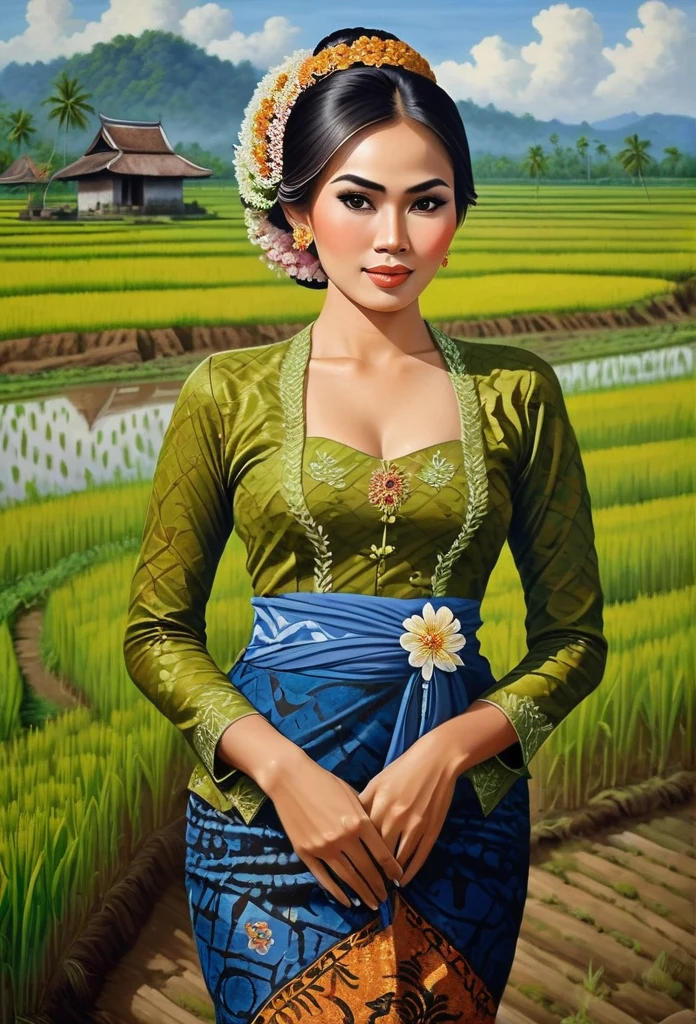 Hermosa campesina javanesa tetona con un vestido kebaya de brocado y una falda larga de batik, peinado de moño simple con pequeñas flores hermosas en el cabello, fondo de campo de arroz increíblemente detallado e intrincado, pintura al oleo sobre lienzo, estilo realista, fuertemente influenciado por el estilo de pincelada fotorrealista de Don Lawrence