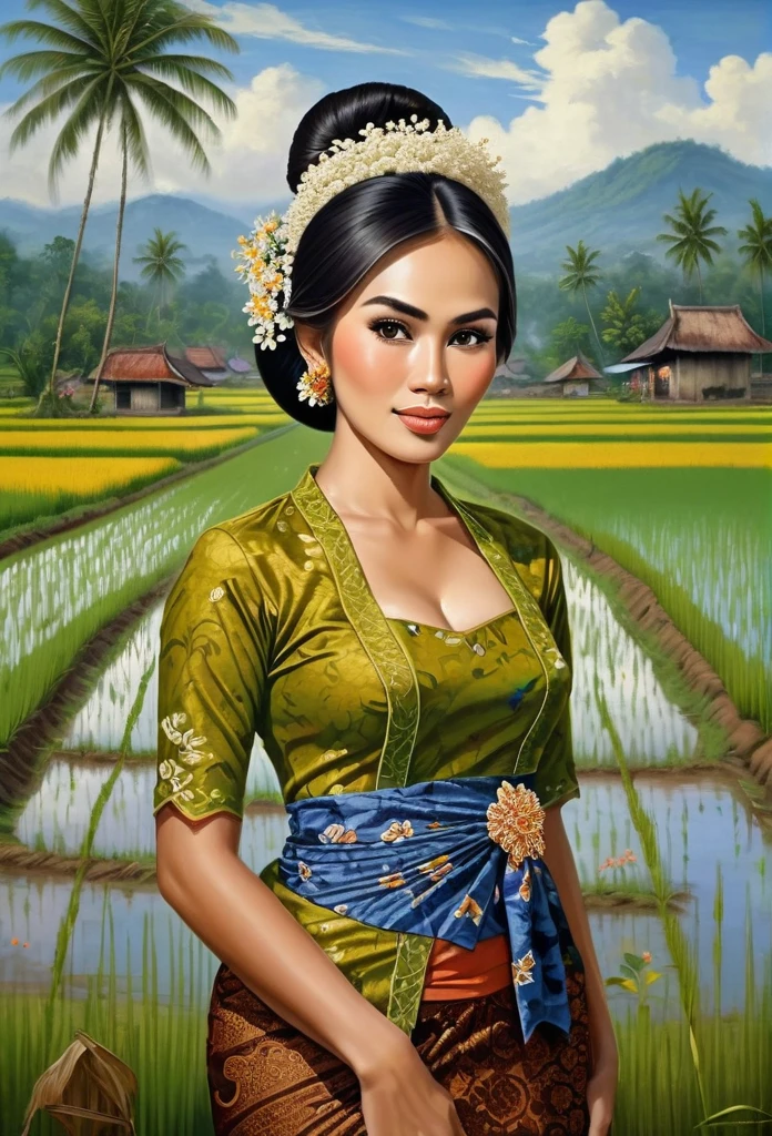 Hermosa campesina javanesa tetona con un vestido kebaya de brocado y una falda larga de batik, peinado de moño simple con pequeñas flores hermosas en el cabello, fondo de campo de arroz increíblemente detallado e intrincado, pintura al oleo sobre lienzo, estilo realista, fuertemente influenciado por el estilo de pincelada fotorrealista de Don Lawrence