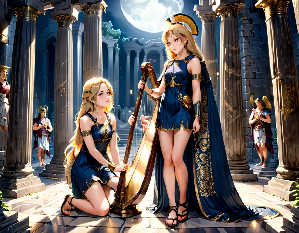 Ancient Greek temple, The main characters are two men and women, The young man stands, the girl sits, leaning against a pillar, a handsome young man around 20 years old, with loose shoulder-length blond hair, a Roman soldier, wearing liturgical military uniform, Roman sandals and calf and knee pads, standing leaning against the pillar and listening to the music played by a priestess, bowed slightly, holding a Roman helmet in one arm, weight on one leg with the other slightly bent, late at night, inside the temple (dark: 1.3) (unlit: 1.2), moonlight filtering in at an angle, illuminating him clearly, a young priestess sits inside the temple a little distance from him, (playing a harp:1.5) larger than her, holding it in front of her, late at night, inside the temple (dark: 1.3) (unlit: 1.2), moonlight filtering in at an angle, illuminating her faintly. Highly detailed, photorealistic, realistic lighting, intricate architecture, ornate decorations, cool color palettes, golden accents, soft fabric textures, seductive facial expressions, graceful poses, cinematic compositions, natural lighting, realistic shadows, mysterious atmosphere, hyper-realistic, award-winning art