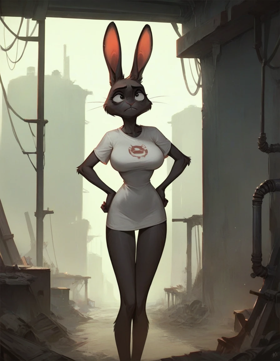 Masterpiece, best quality, Masterpiece, best quality, 1 woman , Black rabbit , ferry , conjunctivitis , sly face , indifferent face , naked , T-shirt with waist , abdomen , big breasts , Long legs , hands on hips , abandoned factory , at night