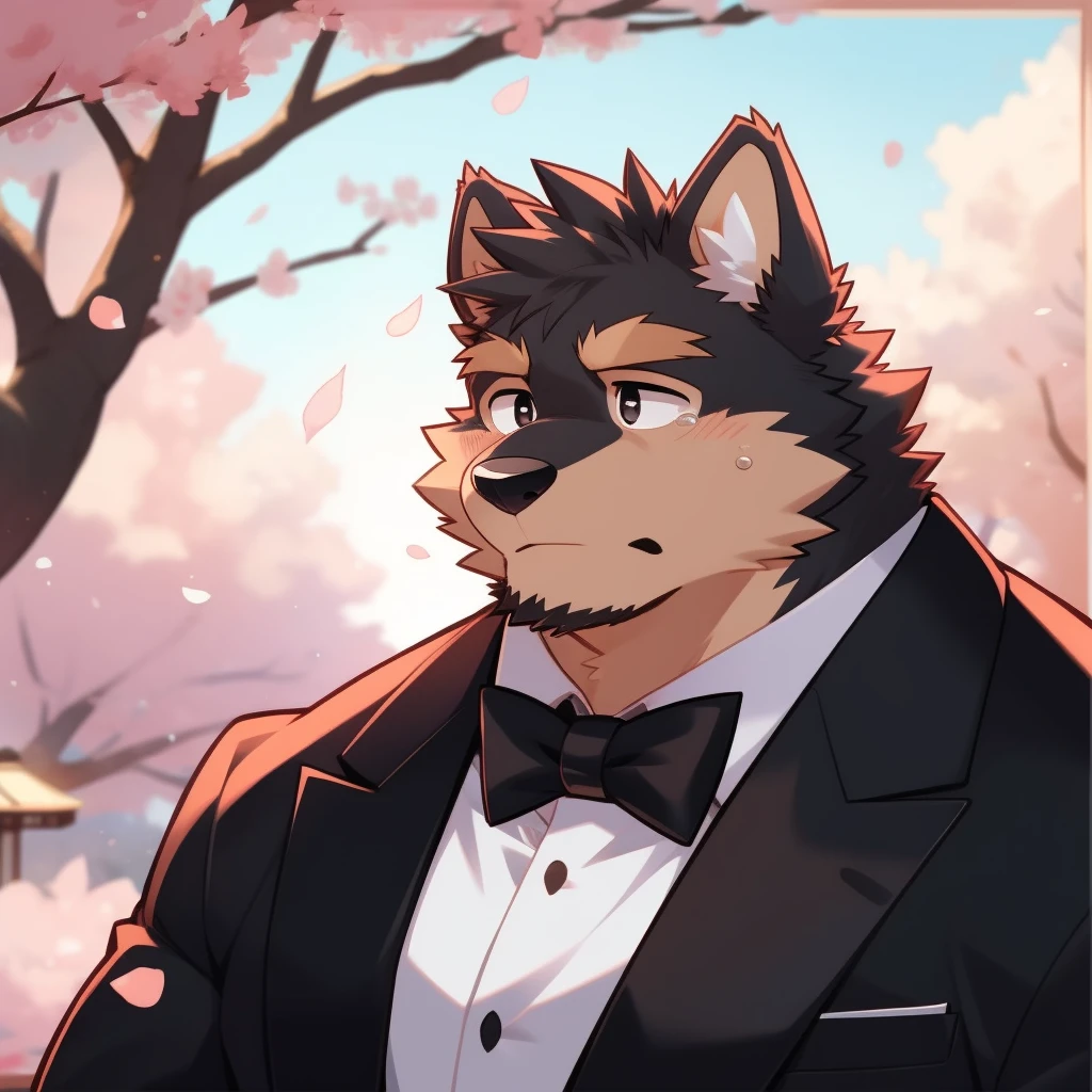 Scribble 德国牧羊dog face,cry,Humanity(dog),(Formal wear:1.3),Muscular,(Brown eyebrows:1.1),（Close one eye:1.2）,(Perfect black eyes),Cherry blossoms,Black fur。（artist:Takemoto Arashi）