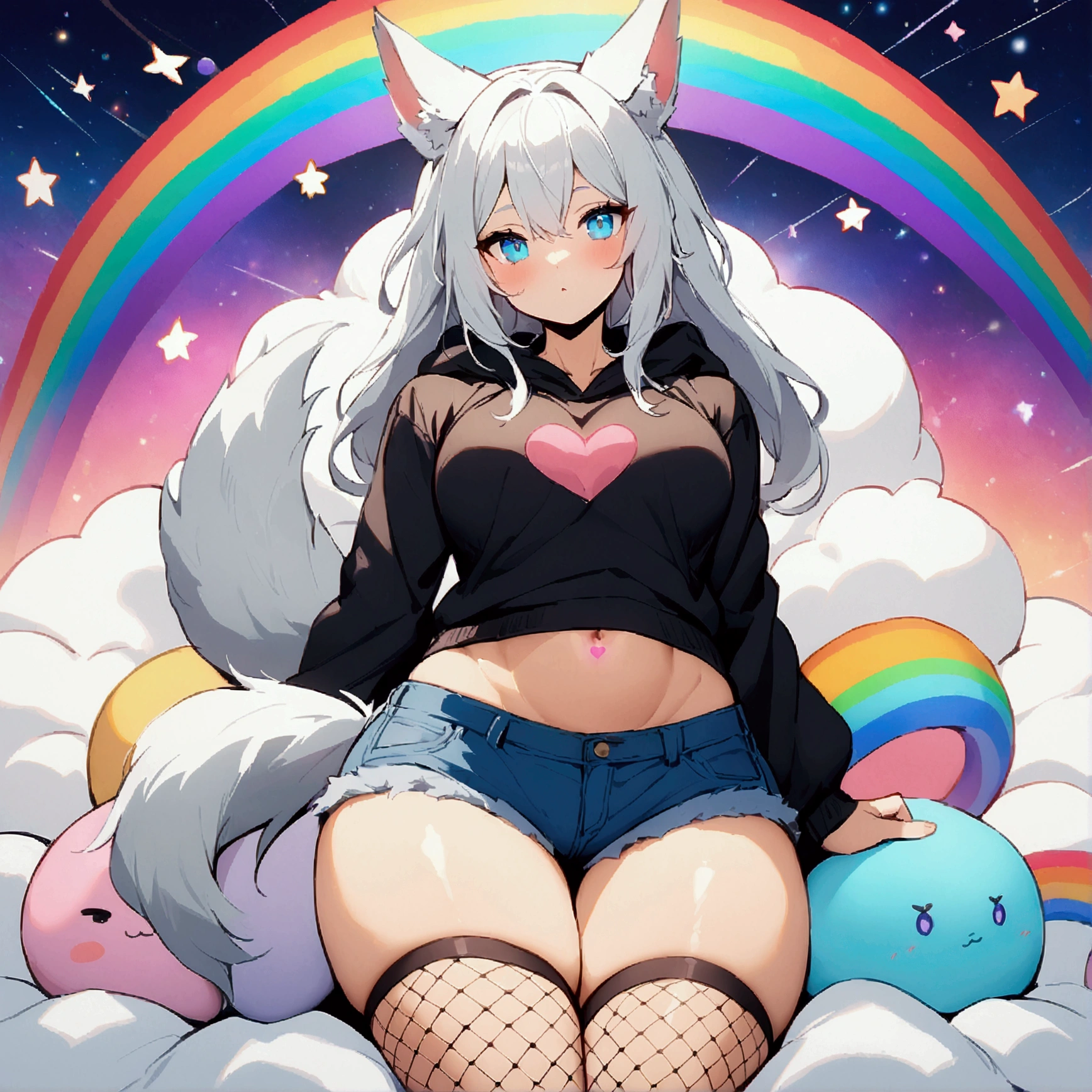 a cute adult male with wolf ears, long white hair, long locks, has a wolf tail, wearing a loose cropped black hoodie, wearing a pair of denim short shorts and fishnet stockings, thick thighs, wide hips, relaxing on mound of fluffy multi colored kawaii plushies, short, very slim, showing slender tummy, heart on hoodie, squishy thighs, has glowing blue eyes. alone, solo (ALONE)(SOLO), surrounded by rainbows, colorful galaxy backround,