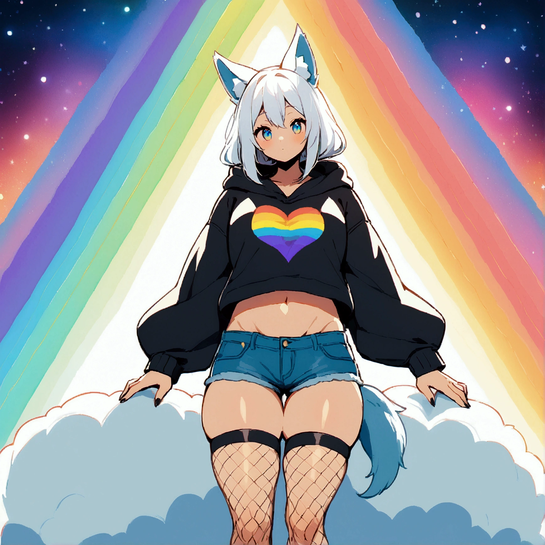 a cute adult male with wolf ears, long white hair, long locks, has a wolf tail, wearing a loose cropped black hoodie, wearing a pair of denim short shorts and fishnet stockings, thick thighs, wide hips, relaxing on mound of fluffy multi colored kawaii plushies, short, very slim, showing slender tummy, heart on hoodie, squishy thighs, has glowing blue eyes. alone, solo (ALONE)(SOLO), surrounded by rainbows, colorful galaxy backround,