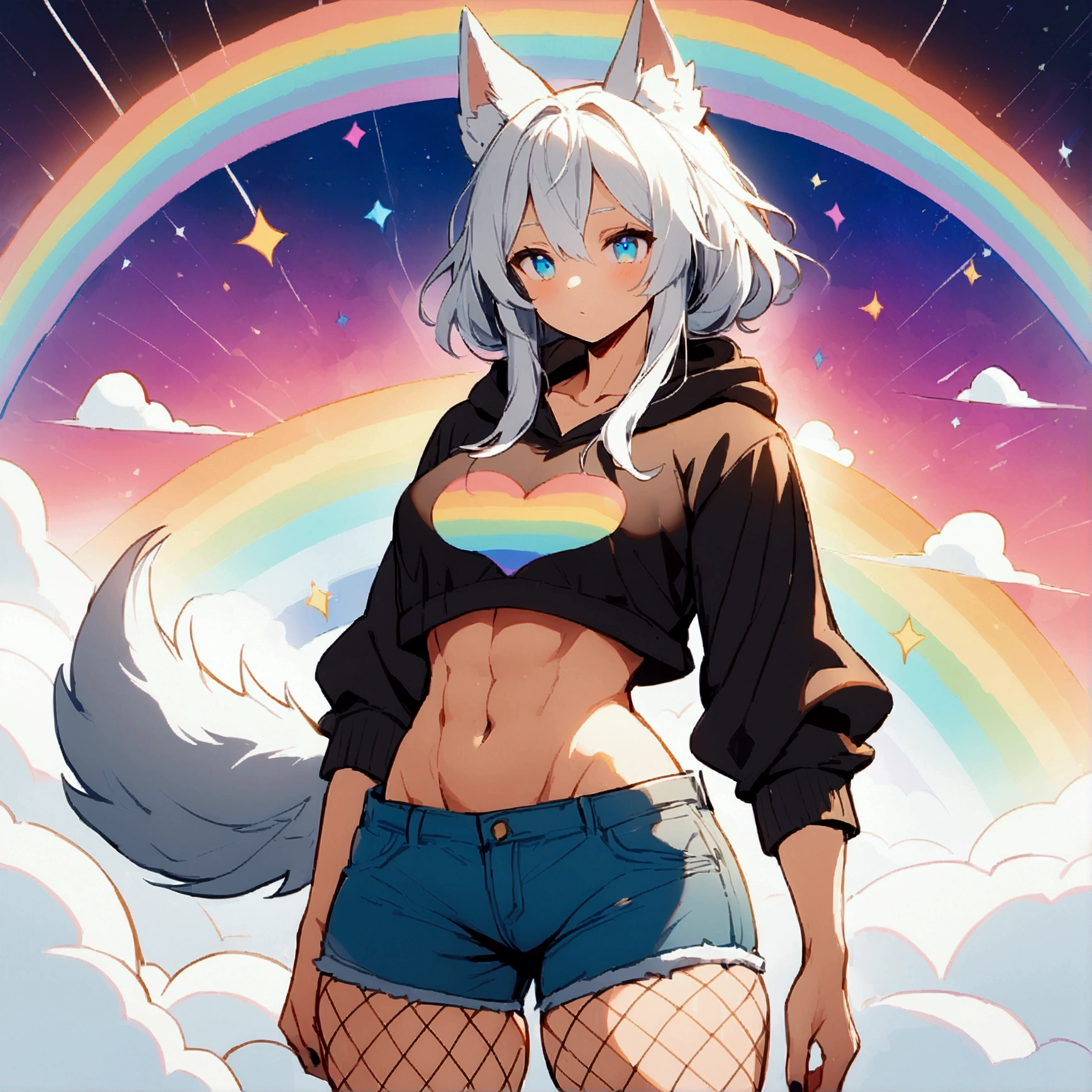 a cute adult male with wolf ears, long white hair, long locks, has a wolf tail, wearing a loose cropped black hoodie, wearing a pair of denim short shorts and fishnet stockings, thick thighs, wide hips, relaxing on mound of fluffy multi colored kawaii plushies, short, very slim, showing slender tummy, heart on hoodie, squishy thighs, has glowing blue eyes. alone, solo (ALONE)(SOLO), surrounded by rainbows, colorful galaxy backround,