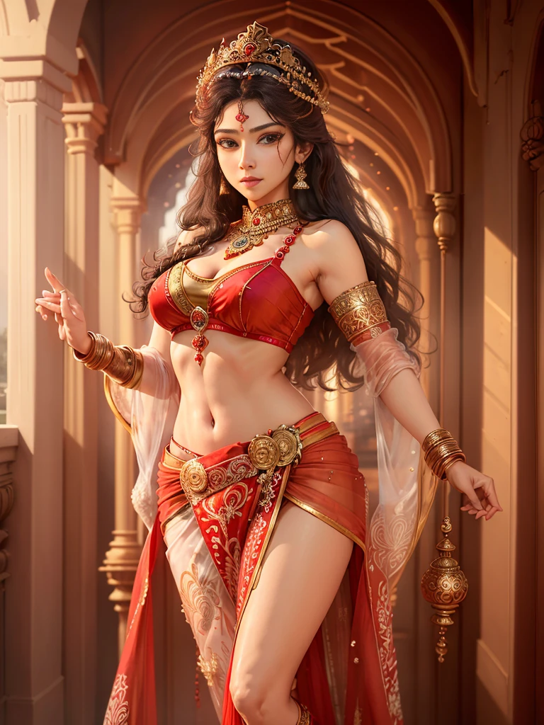 (muy detallado), (ilustración), (Intrincado), (Hermoso rostro), (cuerpo atractivo), (foto de cuerpo completo), diosa india moderna, hinduismo, (sari rojo transparente), pose dinámica, corona de la deidad, (león parado cerca), Vistoso, llamativo, celestial.