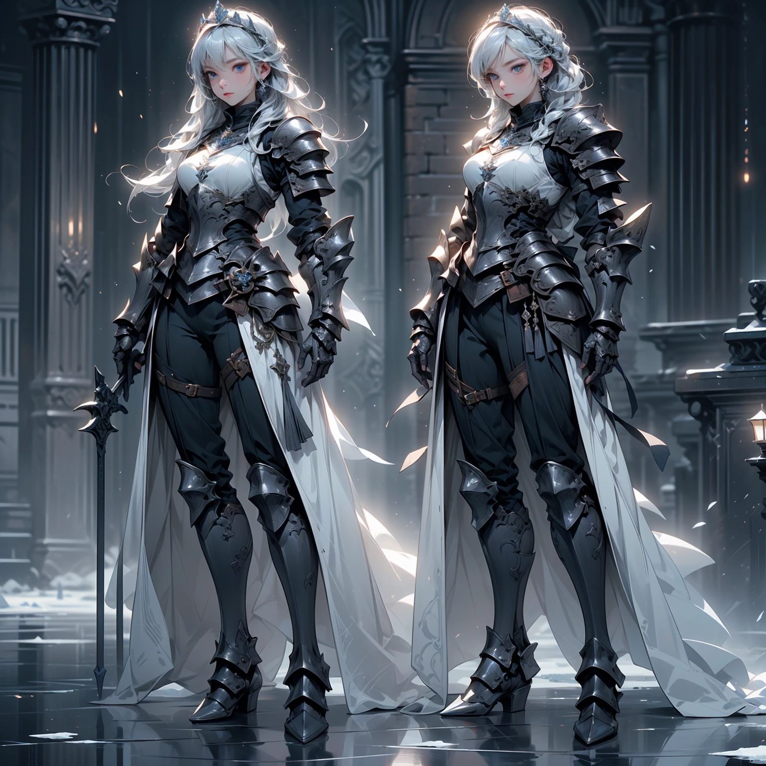 (((chef-d&#39;œuvre, Meilleure qualité, très détaillé, 8k))) Concevoir une mise en page mettant en valeur un personnage de jeu, (1fille). bleu|armure blanche, élégant et unique. ((vitrine d&#39;arme:1.4)), lance de glace. (chef-d&#39;œuvre:1.2), (Meilleure qualité), 4k, ultra-détaillé. (Conception étape par étape, mise en page:1.5), (éclairage lumineux, éclairage d&#39;ambiance). reine des glaces, ((glove complet hands)), (((révélant une armure:1.3))), avant-bras, vêtements blindés, (((complet_corps_tir:1.4))). {Sur un lac gelé}.
