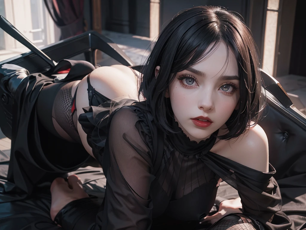 (best quality,highres),(realistic:1.37),dark,goth,woman, eyes,detailed face,black clothes,bobcut black hair,straight bangs,pale skin,red lipstick,intense expression,mysterious atmosphere,gothic background,dim lighting,night,vivid colors, fishnets, topless, fullbody, on her hands and knees, submissive girl, thick thigs, imminent deepthroat, cumshot pose,