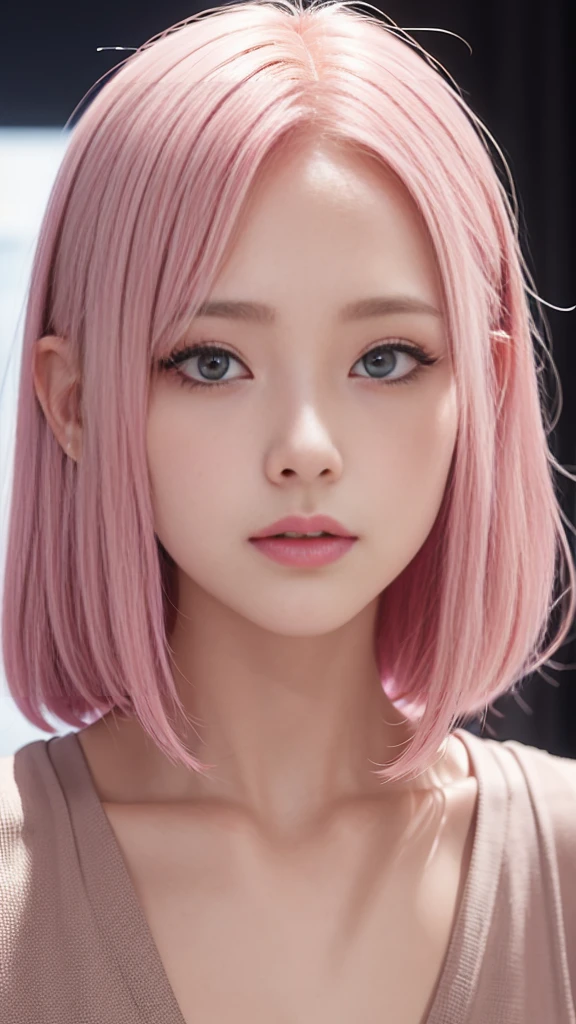 pink hair, asymmetrical hair, blush, mouth hold, Surrealism, sparkle, f/1.2, 35mm, UHD, retina, masterpiece, anatomically correct, textured skin, best quality