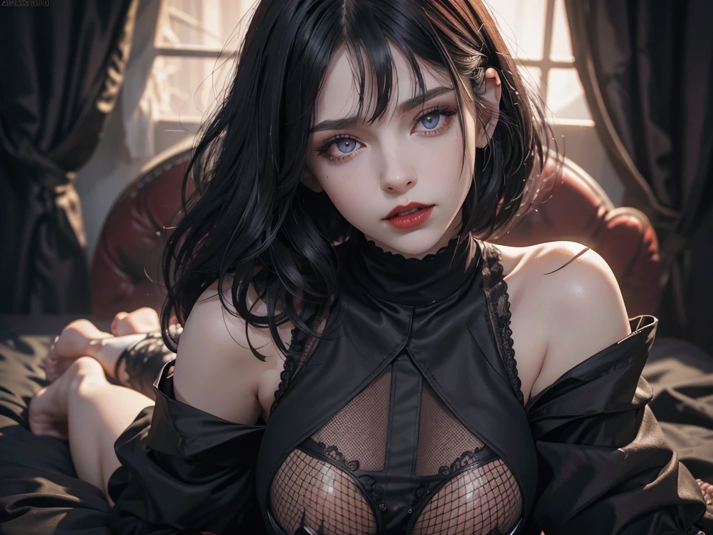 (best quality,highres),(realistic:1.37),dark,goth,woman, eyes,detailed face,black clothes,bobcut black hair,straight bangs,pale skin,red lipstick,intense expression,mysterious atmosphere,gothic background,dim lighting,night,vivid colors, fishnets, topless, fullbody, on her hands and knees, submissive girl, thick thigs, imminent deepthroat, cumshot pose,