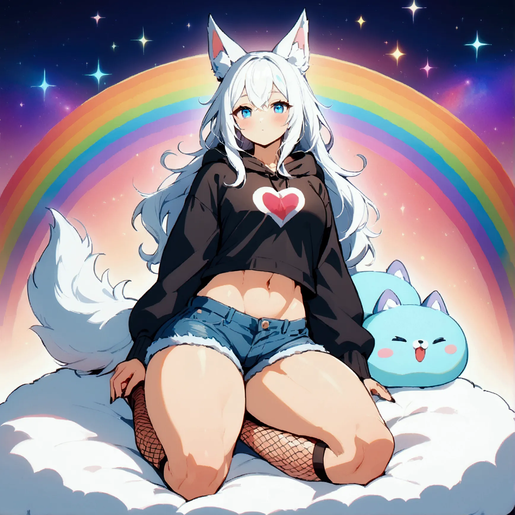 a cute adult male with wolf ears, long white hair, long locks, has a wolf tail, wearing a loose cropped black hoodie, wearing a ...