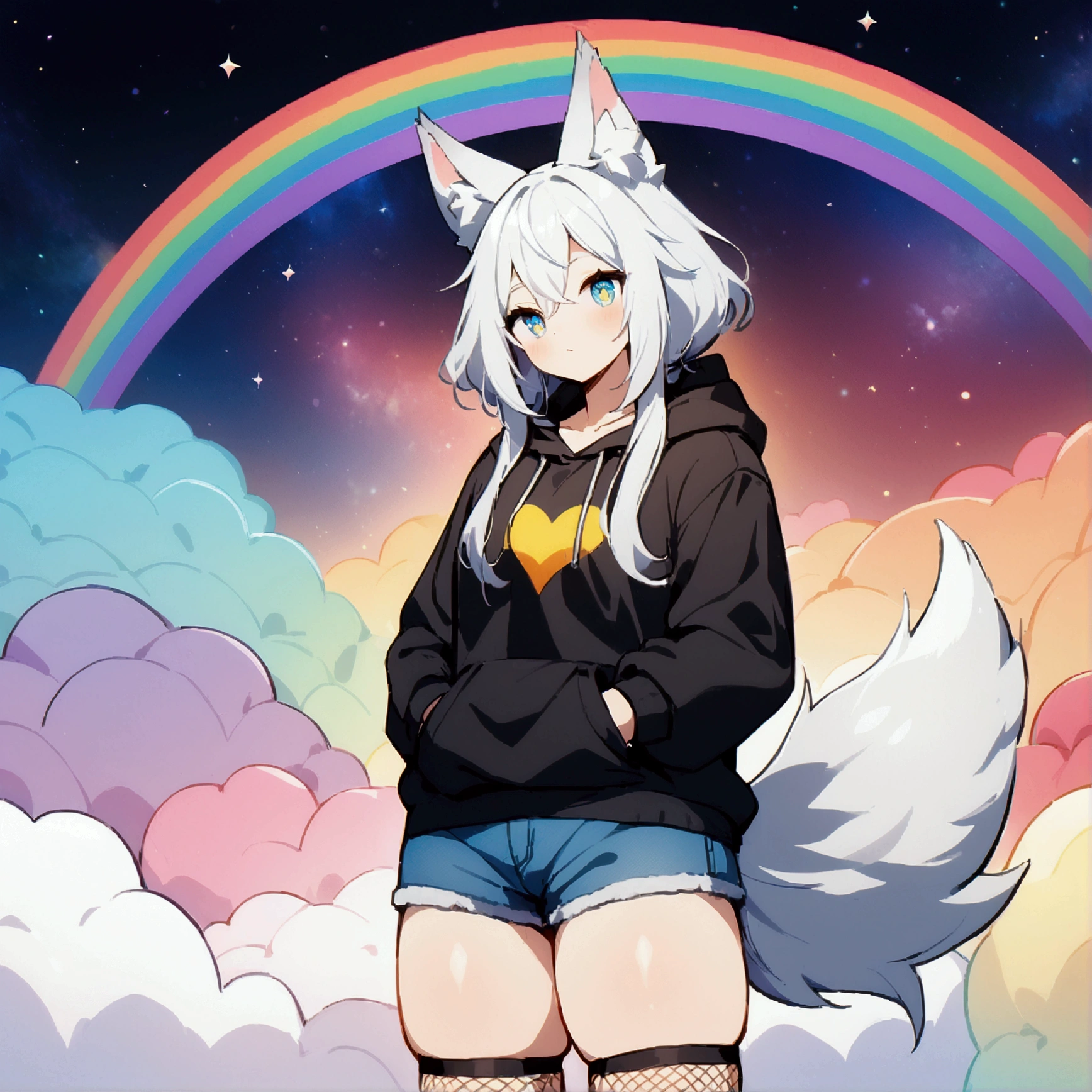 a cute adult male with wolf ears, long white hair, long locks, has a wolf tail, wearing a loose cropped black hoodie, wearing a pair of denim short shorts and fishnet stockings, thick thighs, wide hips, relaxing on mound of fluffy multi colored kawaii plushies, short, very slim, showing slender tummy, heart on hoodie, squishy thighs, has glowing blue eyes. alone, solo (ALONE)(SOLO), surrounded by rainbows, colorful galaxy backround,