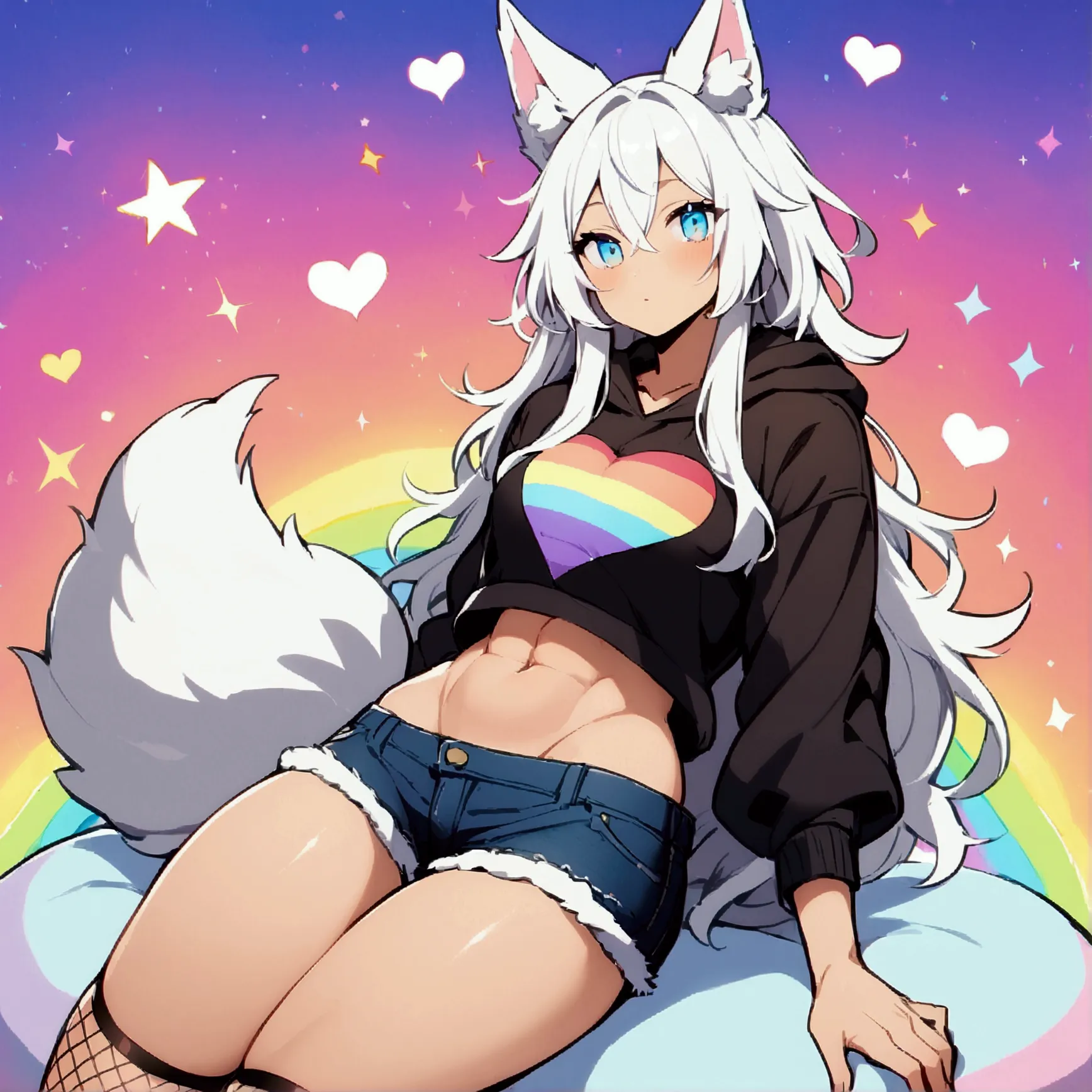 a cute adult male with wolf ears, long white hair, long locks, has a wolf tail, wearing a loose cropped black hoodie, wearing a ...