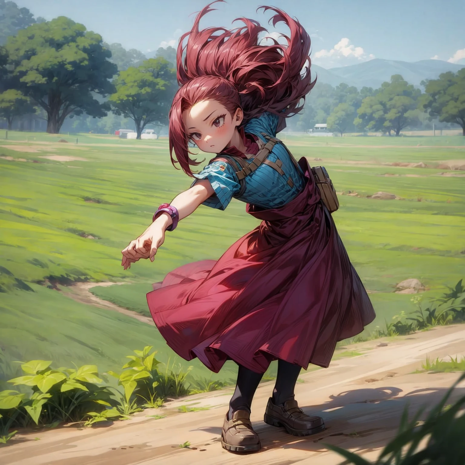 1childern girl, Full body version, 1character, black eyes, Curly haircut, magenta color hair, Farmer style clothing, blue colour clothing, bracelet, Grassroots, background in field, motion blur, (Hunter x Hunter style), standing gesture 