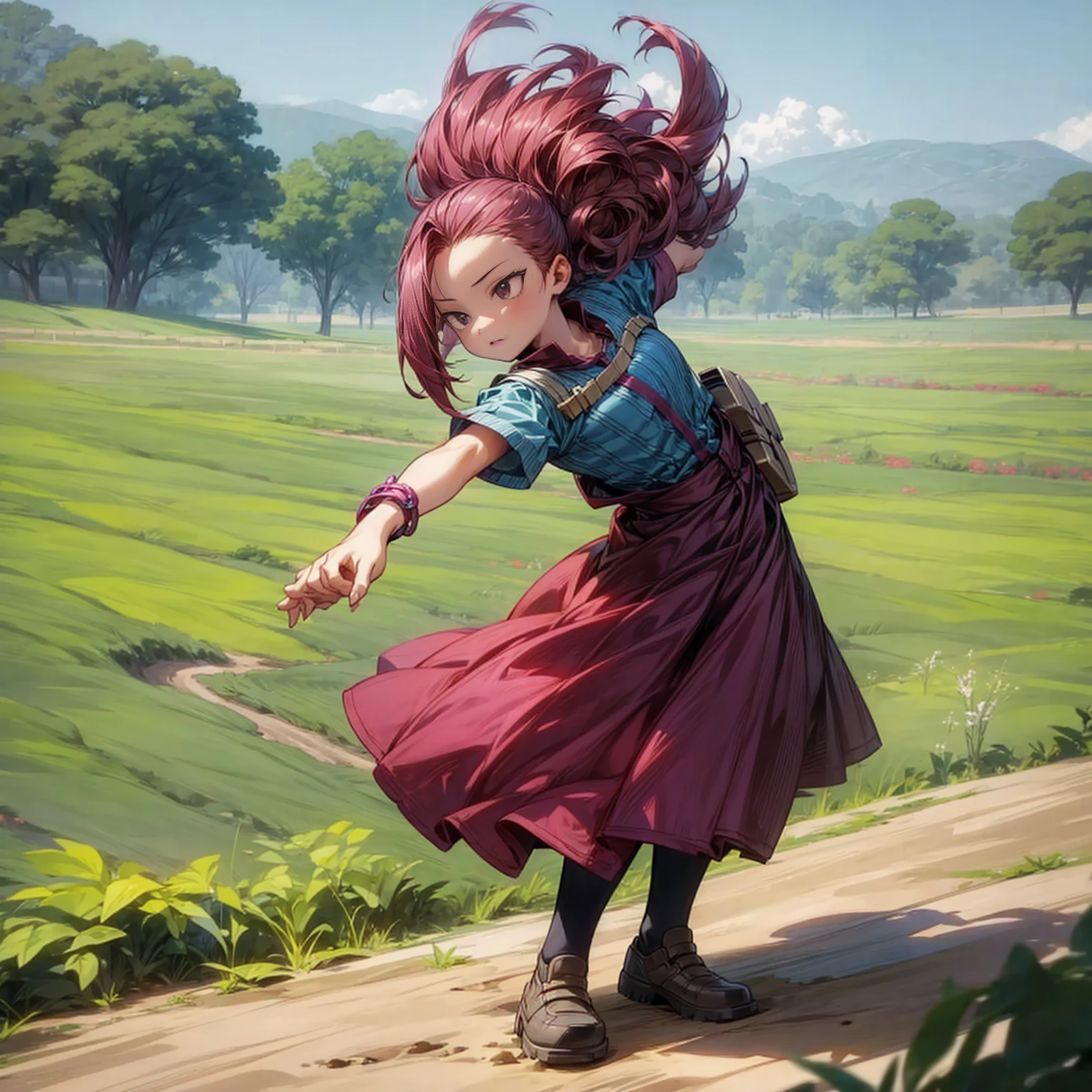 1childern girl, Full body version, 1character, black eyes, Curly haircut, magenta color hair, Farmer style clothing, blue colour clothing, bracelet, Grassroots, background in field, motion blur, (Hunter x Hunter style), standing gesture 