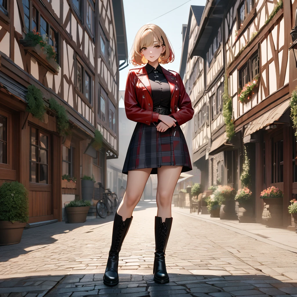 A woman wearing a long-sleeved red jacket, black shirt, wearing a plaid skirt with red and black colors, leather boots, blonde hair, short hair, red bangs, big breasts, multicolored hair, brown eyes, perfect face, perfect eyes, lips perfect, walking on a sidewalk in a traditional German town, traditional German houses, standing posture, iron cross clip in hair,UHD , prime work , accurate , anatomically correct , textured skin , super details , high quality , best quality, 8k, high resolution, bokeh effect. (woman solo), realistic, close view
