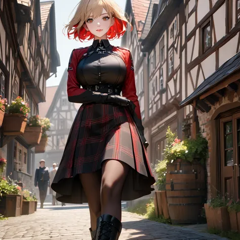 a woman wearing a long-sleeved red jacket, black shirt, wearing a plaid skirt with red and black colors, leather boots, blonde h...