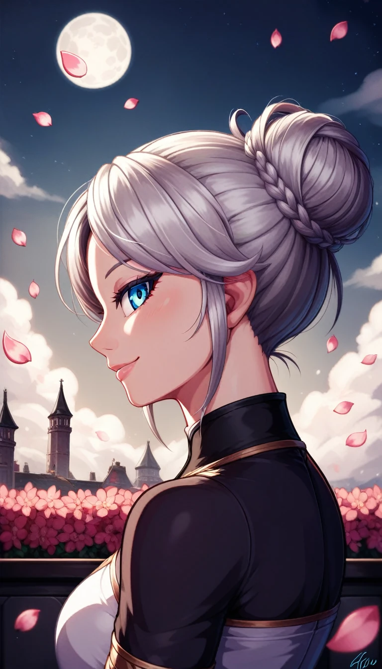 masterpiece, Highest quality,, One girl, (colorful),(Beautifully detailed eyes and face),cinematic Lighting,Bust Shot,Highly detailed CG Unity 8k wallpaper,Gray Hair,alone,smile,Complex skirt,((Flying petals)),(Flowery meadow), null, cloudy_null, building, moonLight, moon, night, (Dark Theme:1.3), Light, Fantasy,