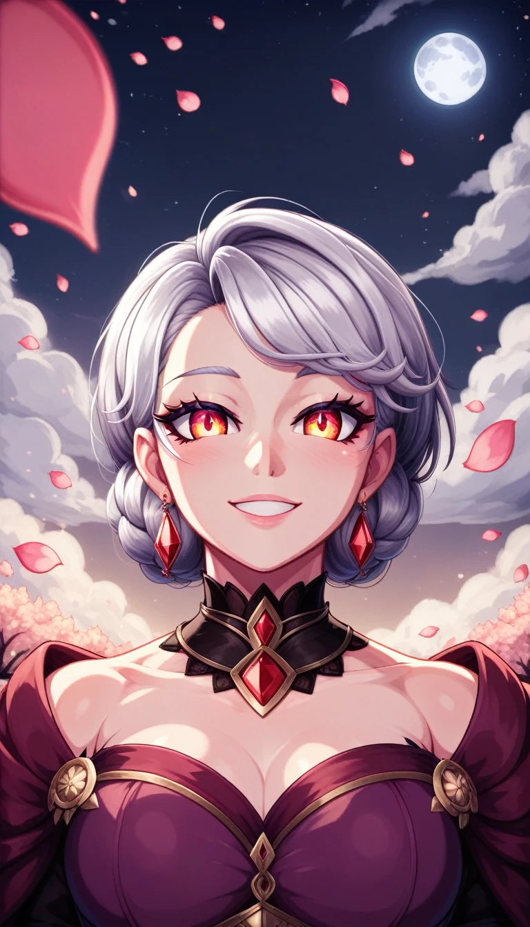 masterpiece, Highest quality,, One girl, (colorful),(Beautifully detailed eyes and face),cinematic Lighting,Bust Shot,Highly detailed CG Unity 8k wallpaper,Gray Hair,alone,smile,Complex skirt,((Flying petals)),(Flowery meadow), null, cloudy_null, building, moonLight, moon, night, (Dark Theme:1.3), Light, Fantasy,