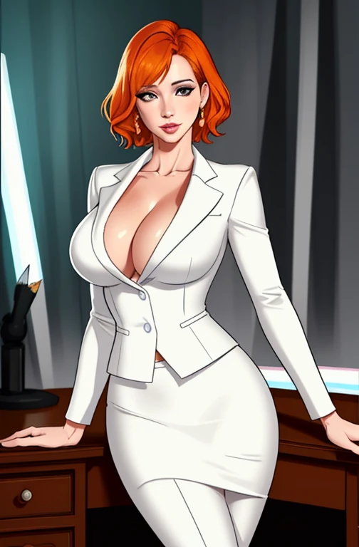 high quality,resolution:8k,realistic,Christina Hendricks,48 year old woman,orange hair,short hair,beautiful detailed eyes,beautiful detailed lips,white suit,pencil skirt,high heels,vivid colors,portraits,studio lighting
