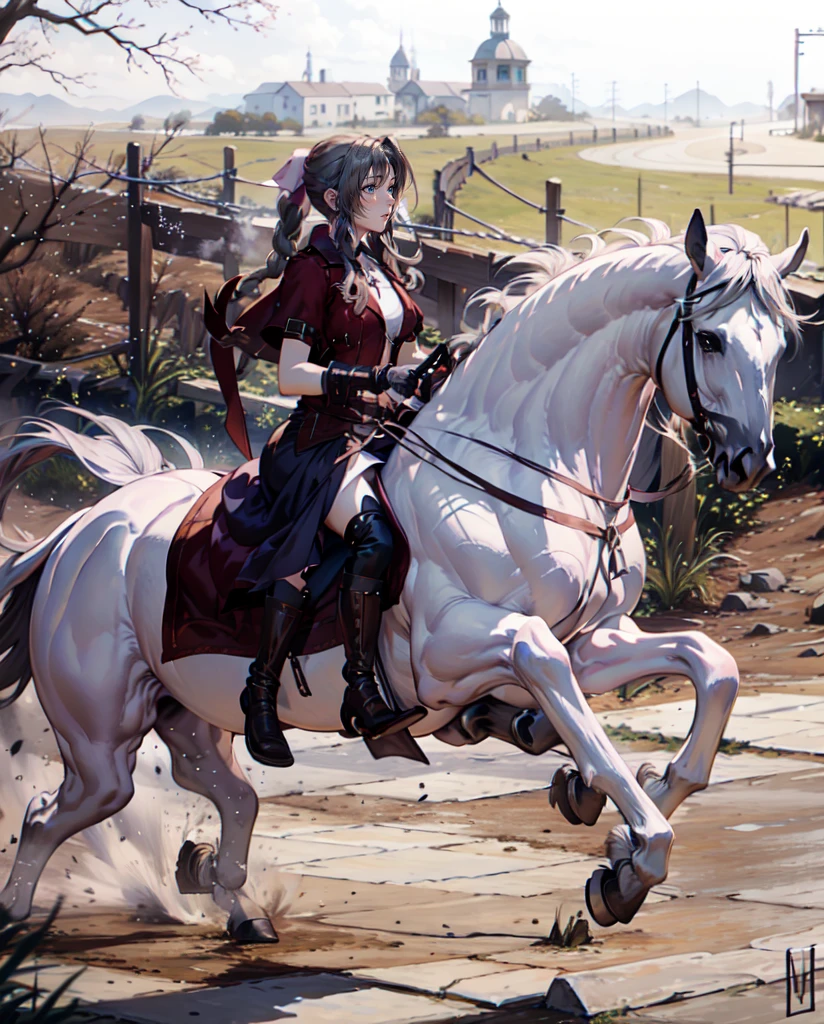 ((best quality)), ((anime masterpiece)), (high detailed), 8k, cinematic lighting, realistic, HDR, vivid color, a female knight riding a WHITE HORSE, {brunette}, (red armor, white gauntlet, pink miniskirt, brown boots), river, anatomically correct
