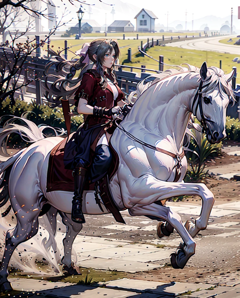 ((best quality)), ((anime masterpiece)), (high detailed), 8k, cinematic lighting, realistic, HDR, vivid color, a female knight riding a WHITE HORSE, {brunette}, (red armor, white gauntlet, pink miniskirt, brown boots), river, anatomically correct
