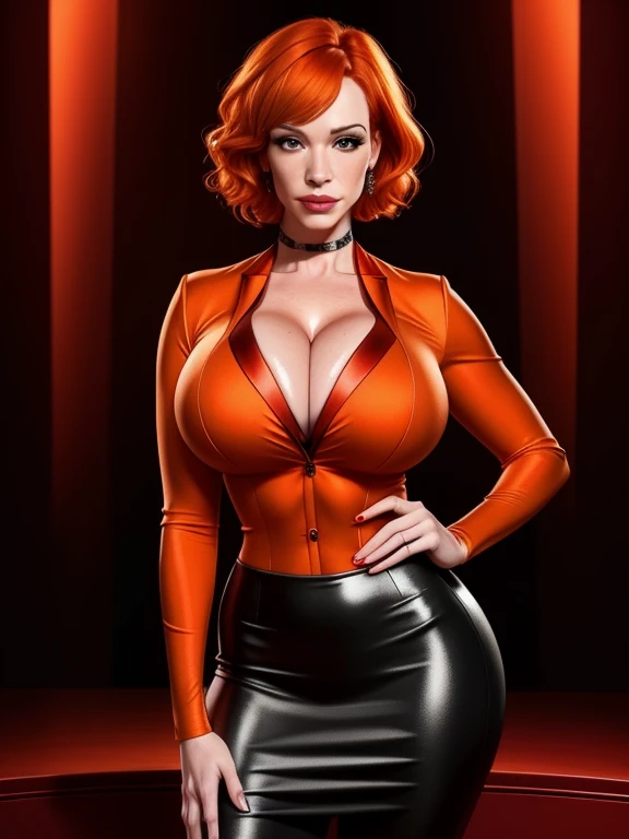 high quality,resolution:8k,realistic,Christina Hendricks,48 year old woman,orange hair,short hair,beautiful detailed eyes,beautiful detailed lips,red suit,tight black pencil skirt,high heels,vivid colors,portraits,studio lighting
