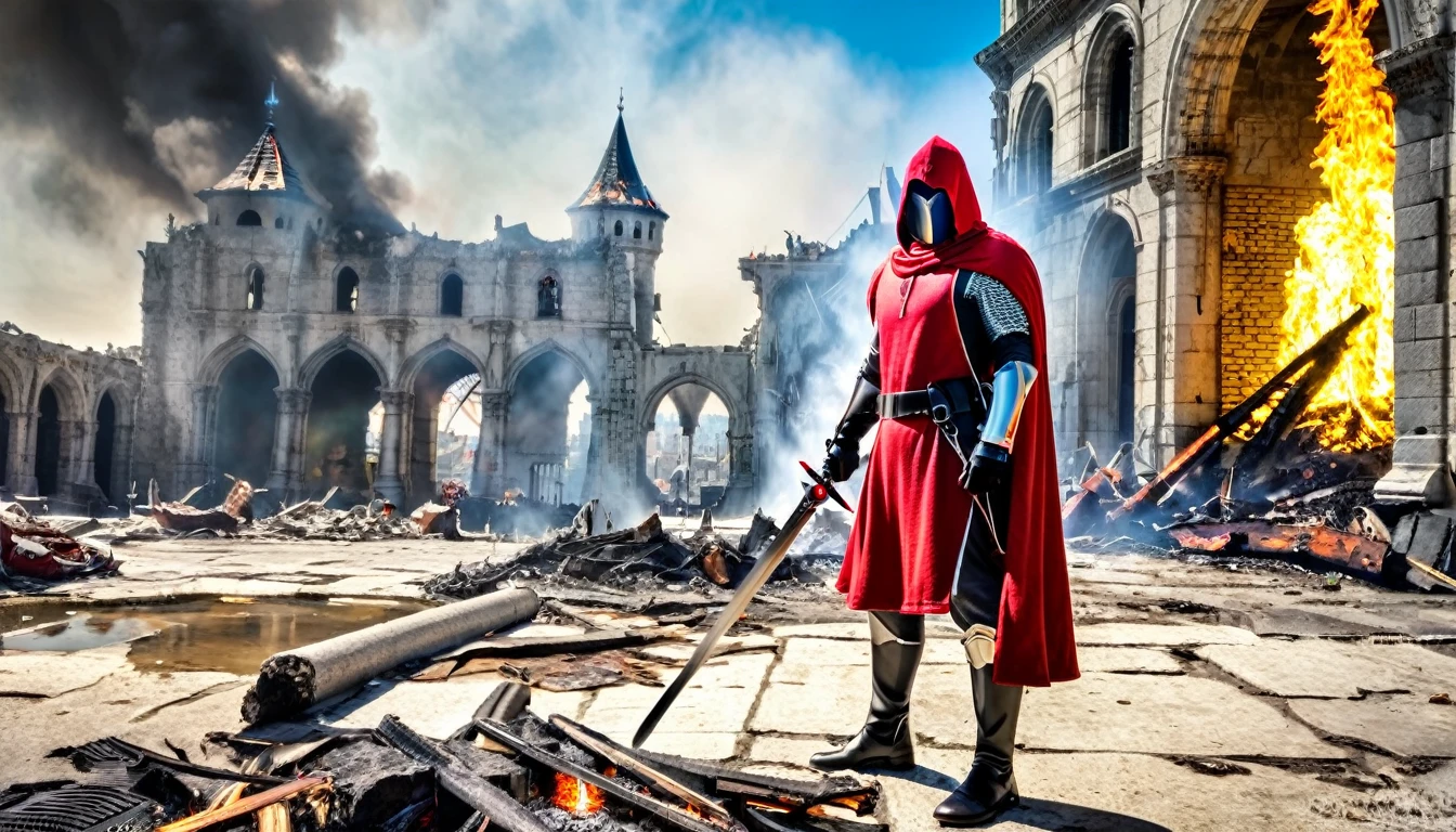 HDR, melhor imagem 24k, com armadura brilhante, um soldado templário, espada, com capuz vermelho, em frente a uma cidade destruída, destrói fogo, fumaça, Dia limpo