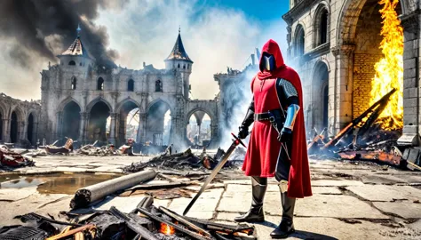 hdr, best 24k image, with shining armor a templar soldier, sword, with red hood, in front of a destroyed city, ruins fire, smoke...