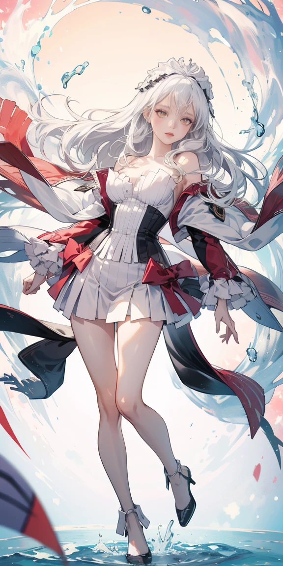 full-body close-up, create an elegant atmosphere), white short skirt, white hair shawl, graceful flowing, elegant movements, lustful smirking smile expression (red blush), floating in the air, (1girl), slim figure)
