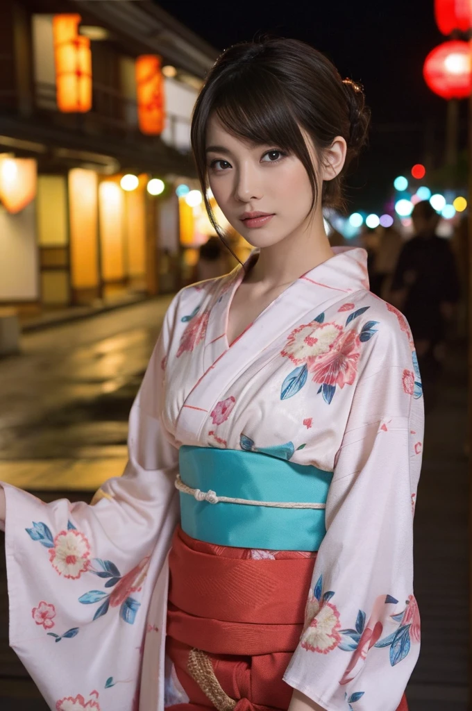 1 woman, hair up, short bob, 2, Japanese, brown eyes, brown hair, slim figure, flat chest,
Blake
See-through yukata, summer festival, night, 