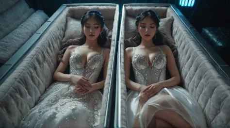 in a dimly lit, futuristic passage inside a massive spaceship, two stunning korean girls, both 22 years old, lie sleeping in a d...