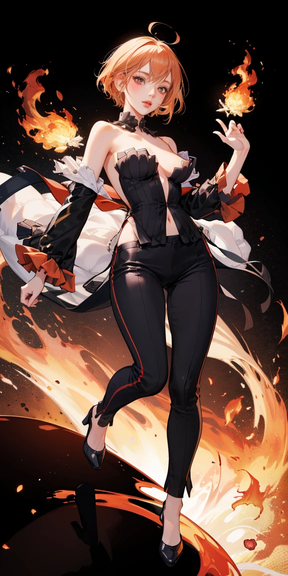 full-body close-up, create an elegant atmosphere), black pants, Black top, Orange short hair, graceful flowing, elegant movements, lustful smirking smile expression (red blush), floating in the air, (1girl), slim figure) fire and Ice background 
