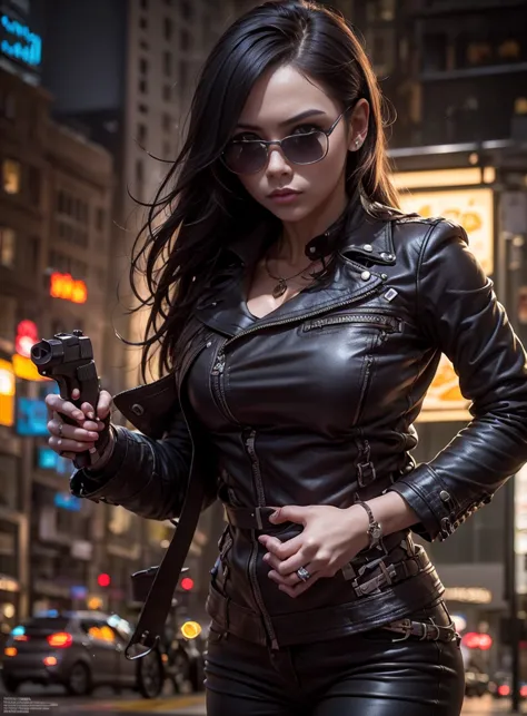 pr for drama, big city detective, medium-breasted women,sunglasses, black leather pants, bag and magazine on the belt, brown lea...