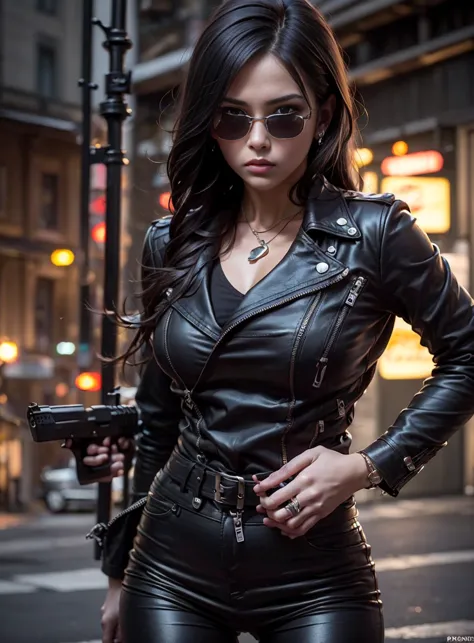 pr for drama, big city detective, medium-breasted women,sunglasses, black leather pants, bag and magazine on the belt, brown lea...