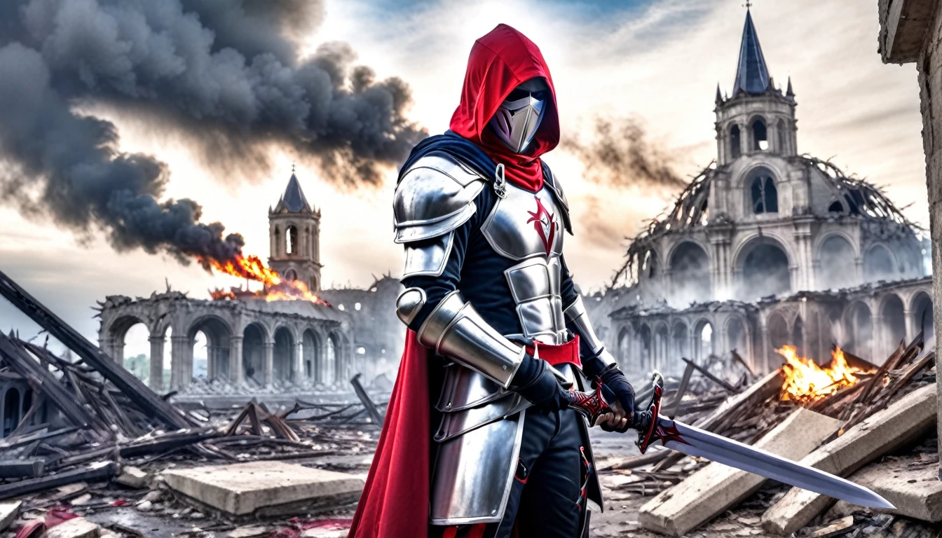 HDR, meilleure image 24k, avec une armure brillante, un soldat templier, épée, avec un capuchon rouge, devant une ville détruite, feu de ruines, Fumée, half sombre day blue sky, sombre,