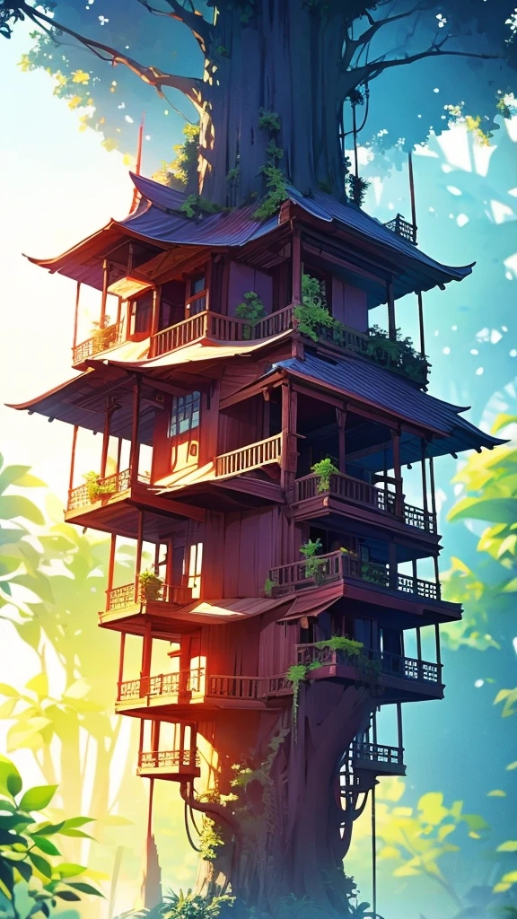 (Pyroxium Diffusion style:0.5), Beautiful jungle tree house,cinematographic, (Masterpiece),Vibrant