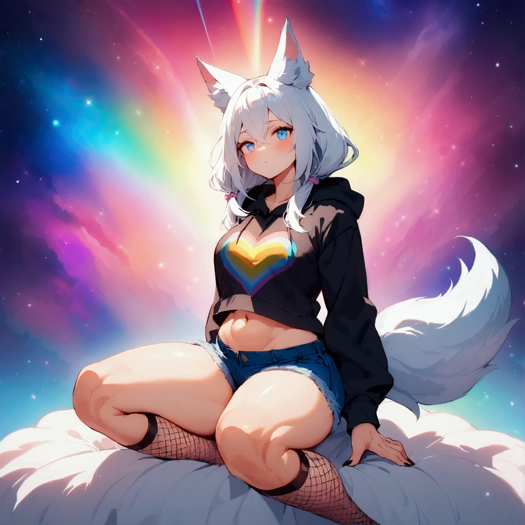 a cute adult male with wolf ears, long white hair, long locks, has a wolf tail, wearing a loose cropped black hoodie, wearing a ...