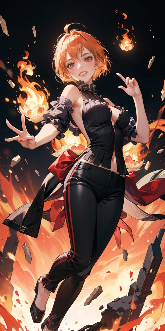 full-body close-up, create an elegant atmosphere), black pants, Black top, Orange short hair, graceful flowing, elegant movements, lustful smirking smile expression (red blush), floating in the air, (1girl), slim figure) fire and Ice background 
