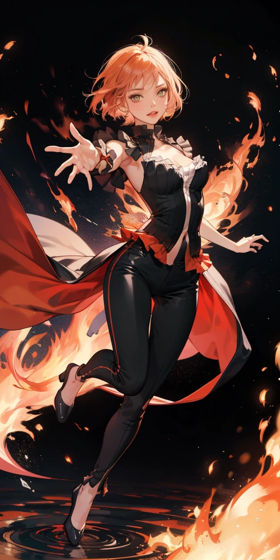 full-body close-up, create an elegant atmosphere), black pants, Black top, Orange short hair, graceful flowing, elegant movements, lustful smirking smile expression (red blush), floating in the air, (1girl), slim figure) fire and Ice background 
